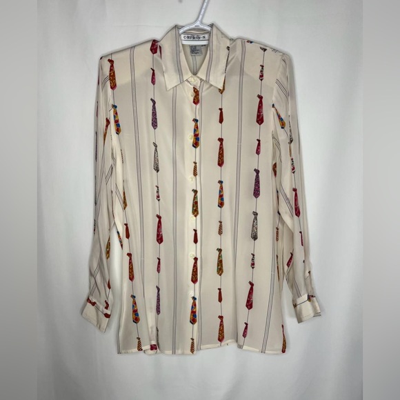 C.NV.RS.T..N 100% SILK Button up Long Sleeve Shirt Size P/S Neckties Print Beige - Picture 1 of 6